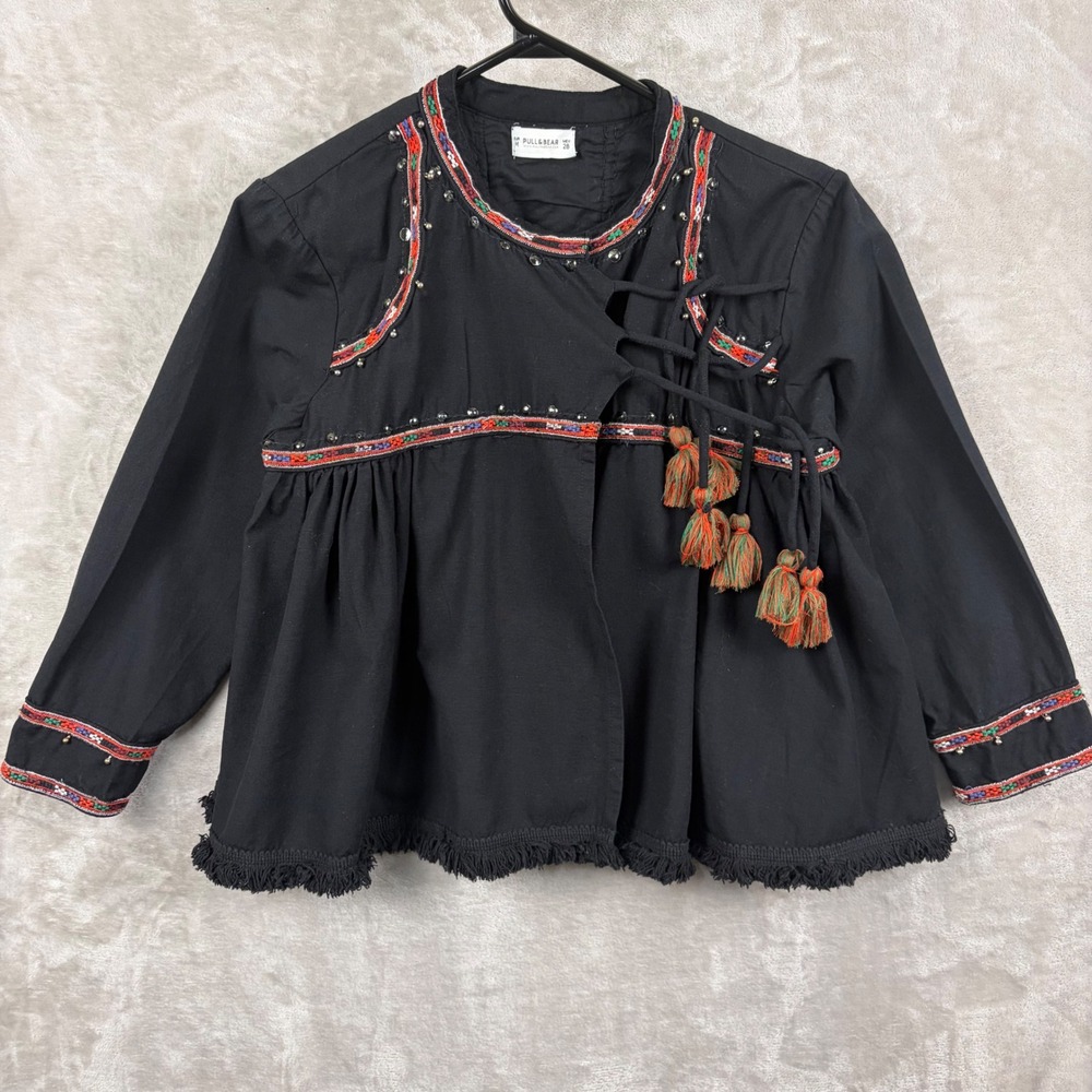 Pull&Bear Black Embroidered Boho Tassel Studded Fringe Linen Blend Jacket M Folk